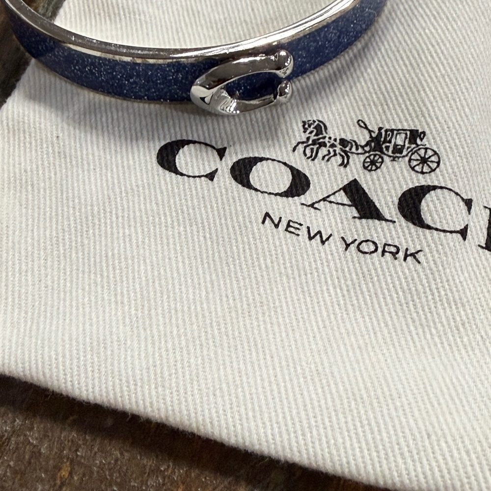 Coach Hinged Blue Glitter Enamel Bangle Bracelet Silver Tone NWT - Picture 2 of 7